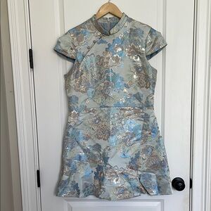 Miss Selfridge Floral Brocade Cap Sleeve Dress Light Blue 12